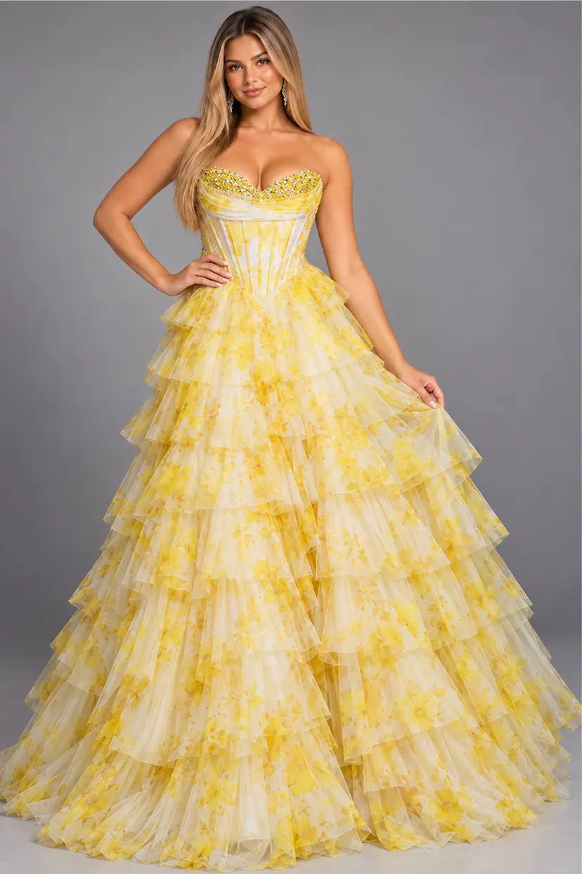 strapless beaded print yellow dress 47440