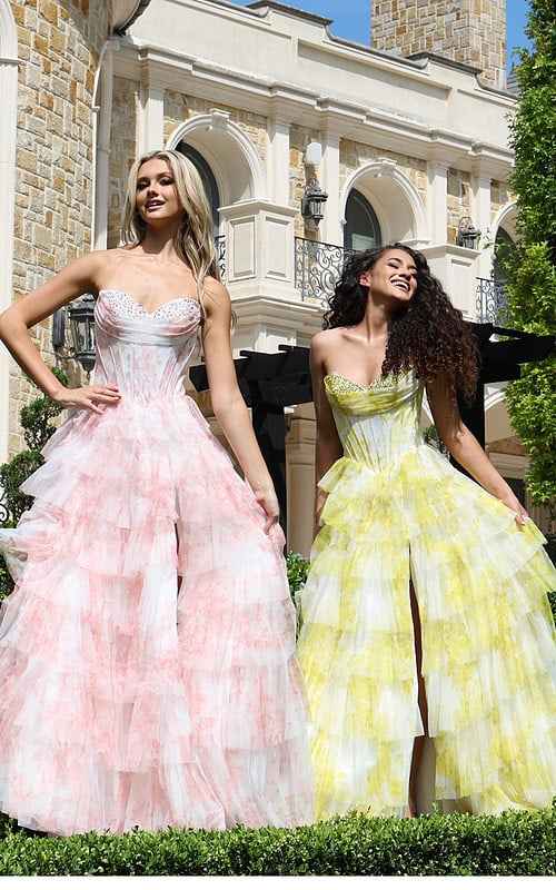 strapless lilac ball gown with beaded bodice - two girls front, blonde hand hip, brunette laughing