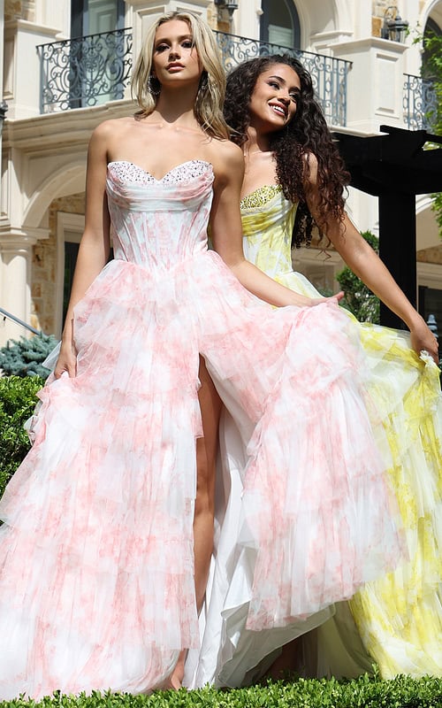 yellow and pink print high slit dresses 47440
