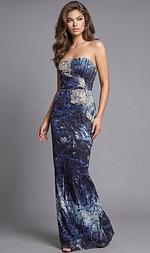 Full length front view of a strapless formal gown with floral beadwork and straight silhouette