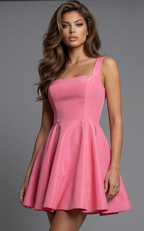 Sleeveless fitted dress with square neckline and softly flared skirt in smooth fabric