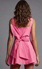 Structured sleeveless dress with square back neckline and oversized bow detail at the waist