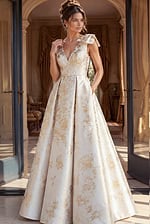 Brocade Cap Sleeve A Line Gown 47491