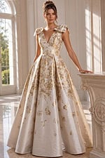 champagne ball gown featuring shimmering gold floral jacquard, a flattering deep V-neckline, statement bow shoulder details, and a full pleated skirt.