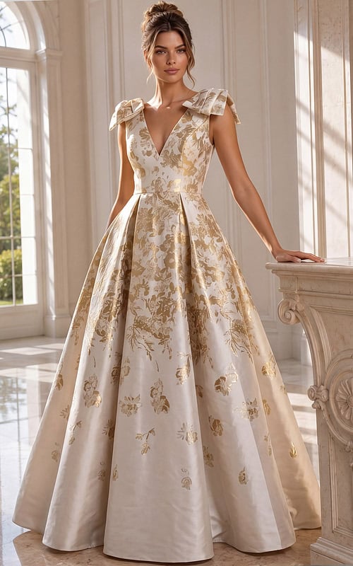 champagne ball gown featuring shimmering gold floral jacquard, a flattering deep V-neckline, statement bow shoulder details, and a full pleated skirt.