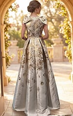 back view of champagne and gold floral brocade cap sleeve A line gown