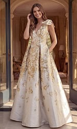 champagne and gold floral brocade gown with V neckline, cap sleeves and A line skirt