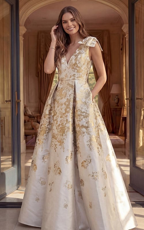 champagne and gold floral brocade gown with V neckline, cap sleeves and A line skirt