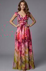 Off shoulder chiffon gown with watercolor print and flowing floor length skirt