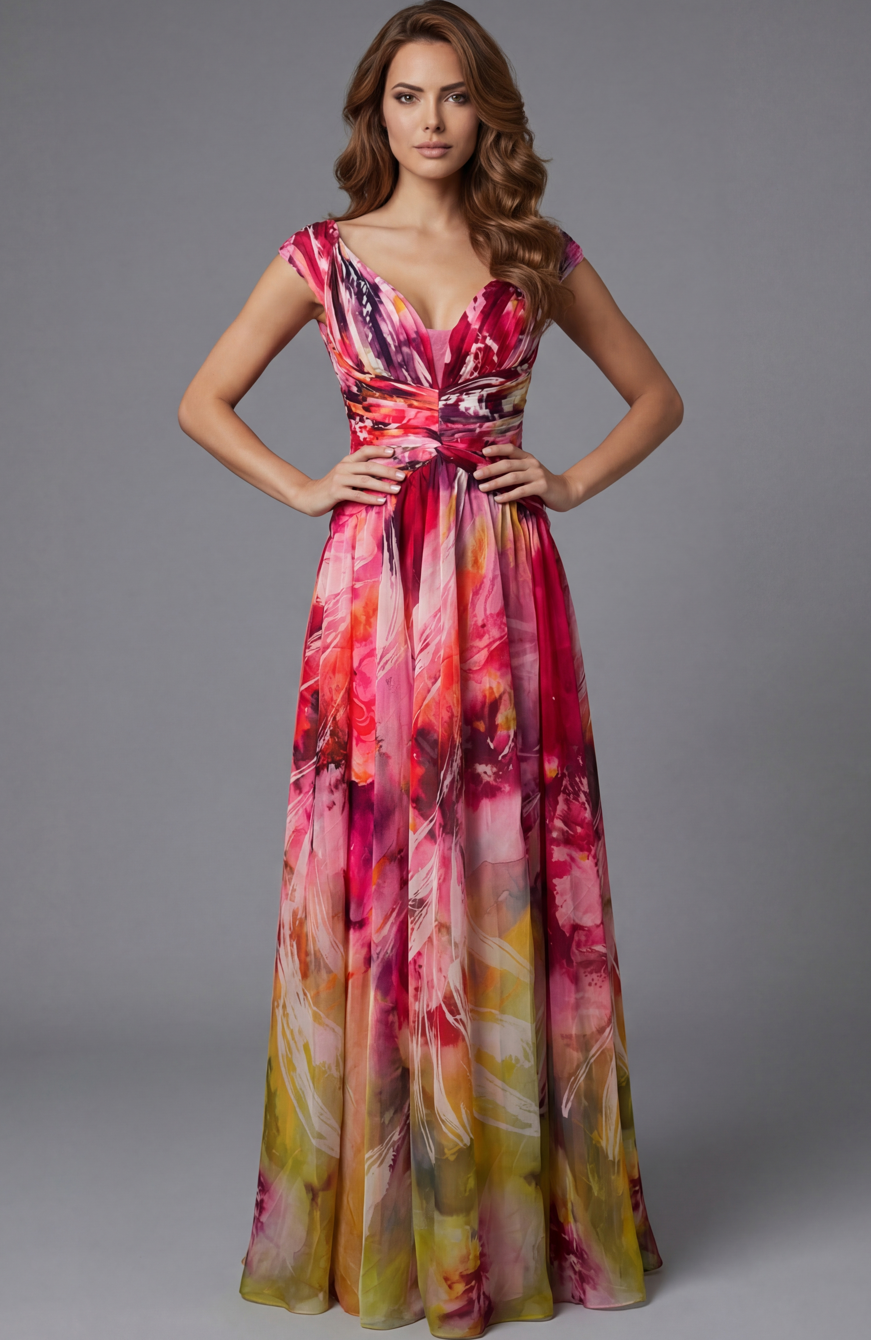 47499-1 Off shoulder chiffon gown with watercolor print and flowing floor length skirt
