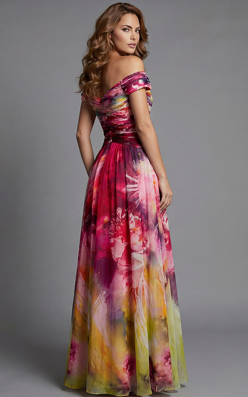 Printed chiffon gown with draped bodice and soft multicolor design