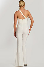 Back view of one-shoulder ivory jumpsuit with flared legs and zipper closure