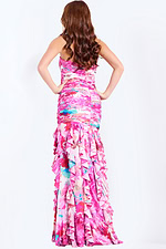 Colorful fitted prom gown featuring layered ruffles and bold print