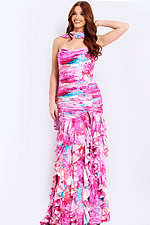 Strapless floral print prom dress with ruched bodice and ruffled skirt