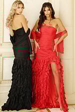 Red and black ruched gowns with tiered ruffle skirts and high slits