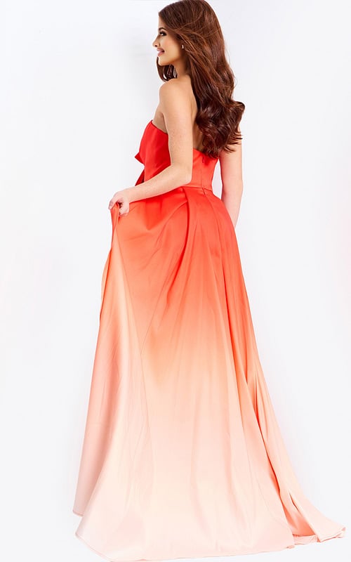 Coral to peach gradient satin evening gown