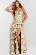 Floral Print Ruffle Layered Prom Gown