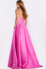 Elegant satin prom dress featuring full skirt and side pockets