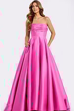 Pink strapless satin ball gown with ruched bodice and pleated skirt