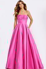Strapless pink gown with smooth satin fabric and structured top