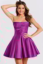 Strapless satin fit-and-flare short dress with ruched bodice