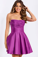 Sleeveless strapless satin short dress with flared hem