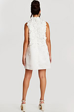 Back view of sleeveless mini dress with floral embellishments