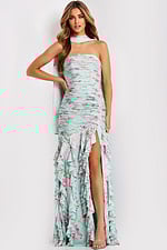 Light green ruched floral prom gown with layered ruffles and slit