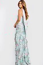 Strapless floral print prom dress with ruffled tiered skirt and high slit