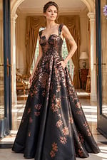 black and copper floral brocade strapless ball gown with sweetheart neckline