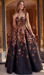 black and copper floral brocade strapless ball gown with sweetheart neckline