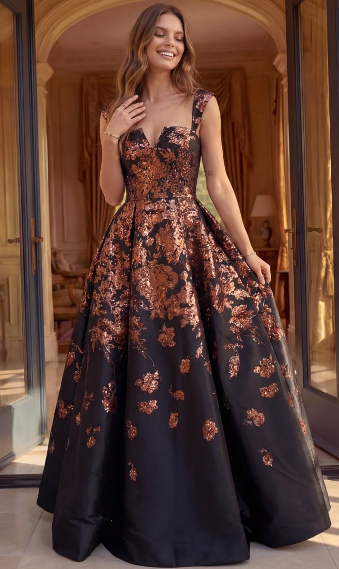 black and copper floral brocade strapless ball gown with sweetheart neckline