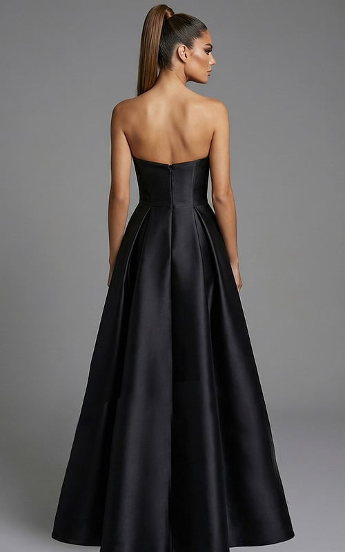 Back view of strapless full skirt ball gown with structured bodice
