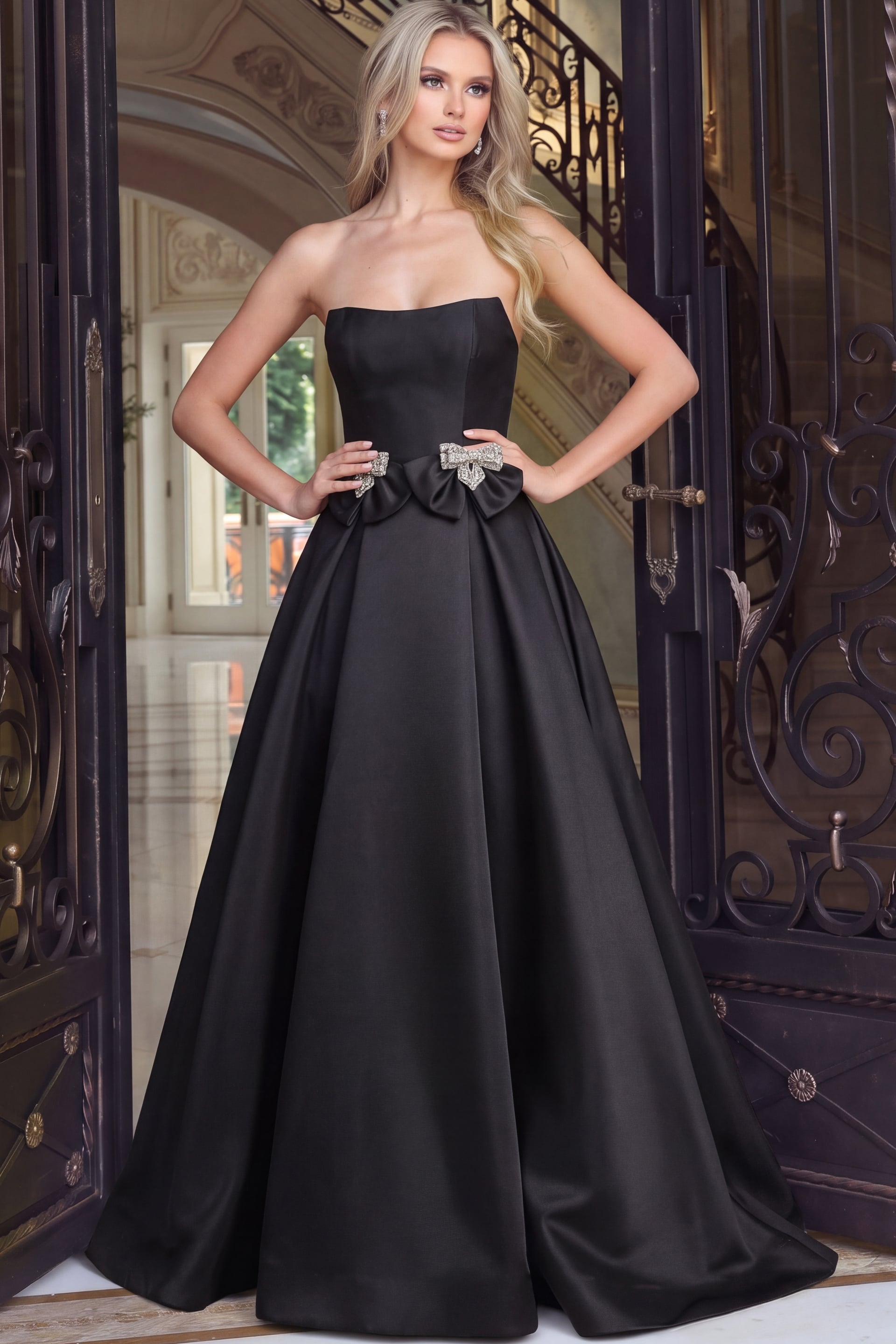 Black satin strapless ball gown with crystal bow accents, front view