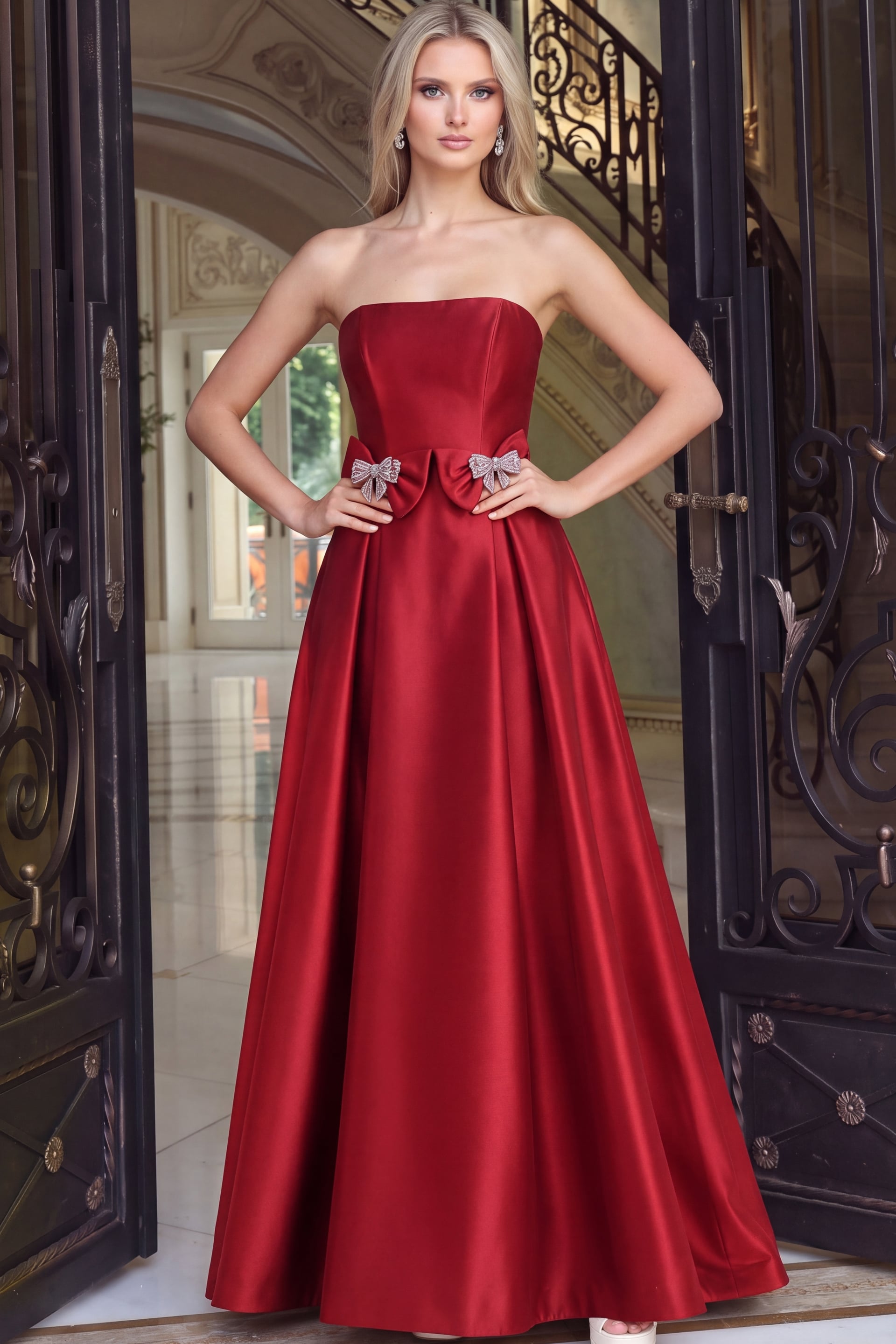 Red satin strapless ball gown with crystal bow accents at the waist, front view