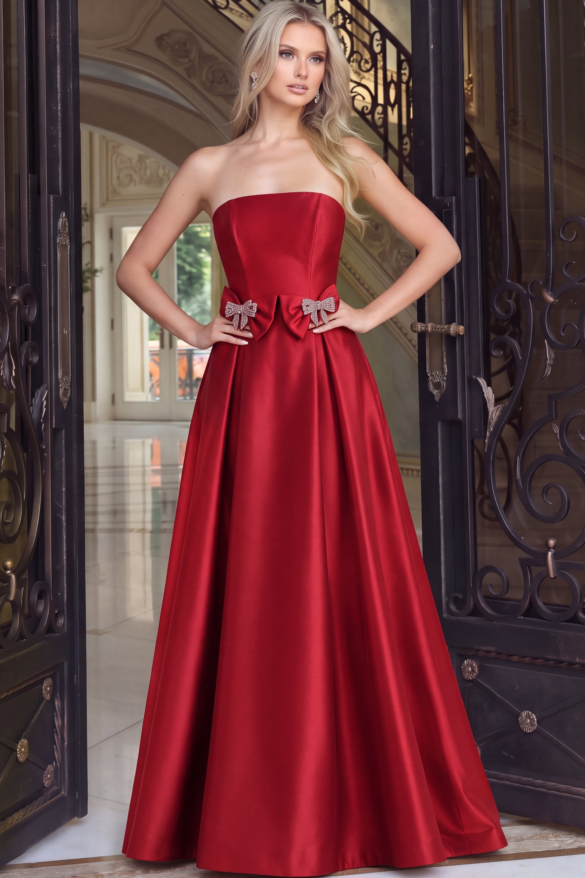 Close front view of red satin ball gown showing the crystal bow detail and pleated skirt
