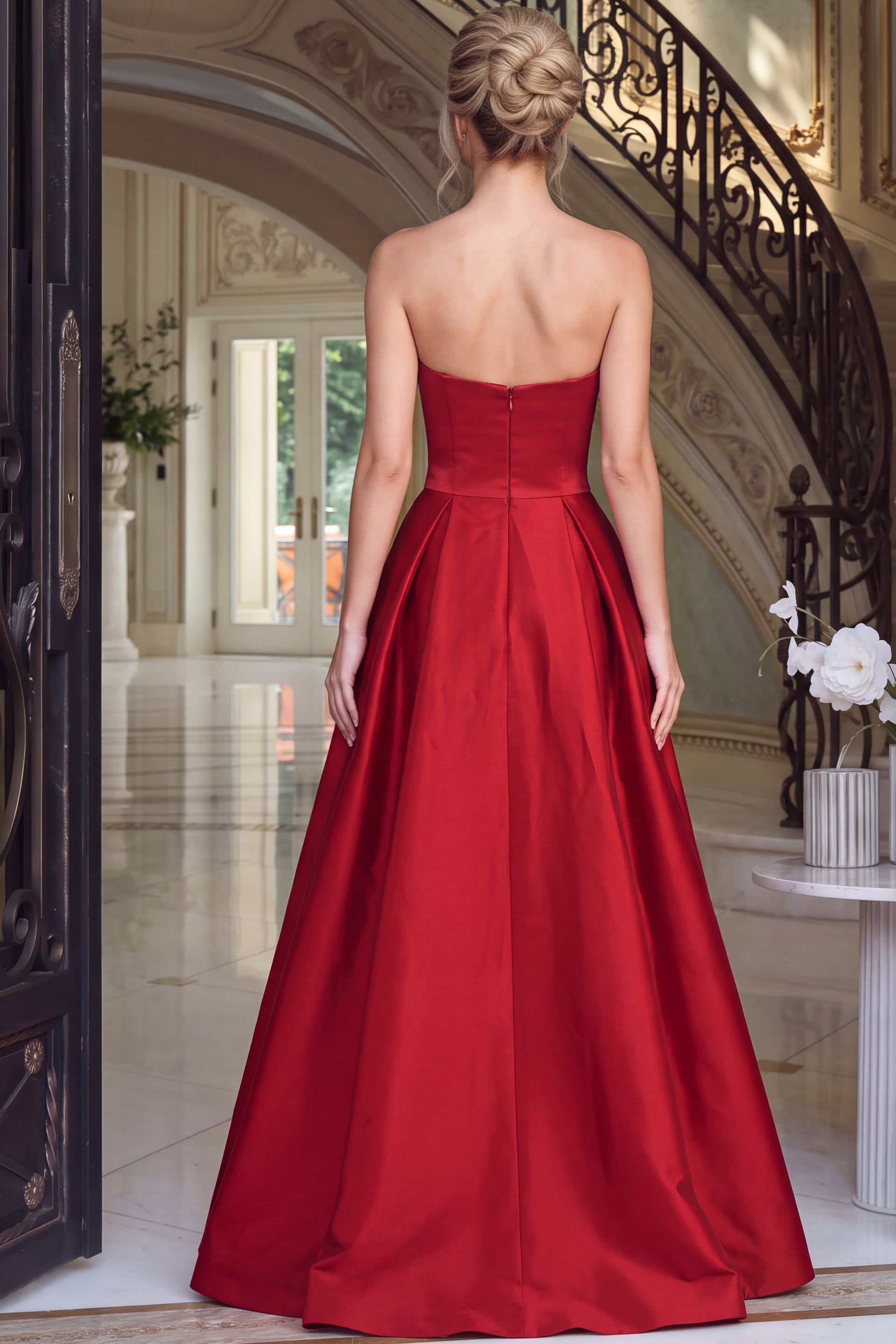 Back view of red satin ball gown showing straight strapless back and full skirt