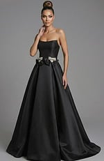 Front view of strapless ball gown with crystal bow waist details