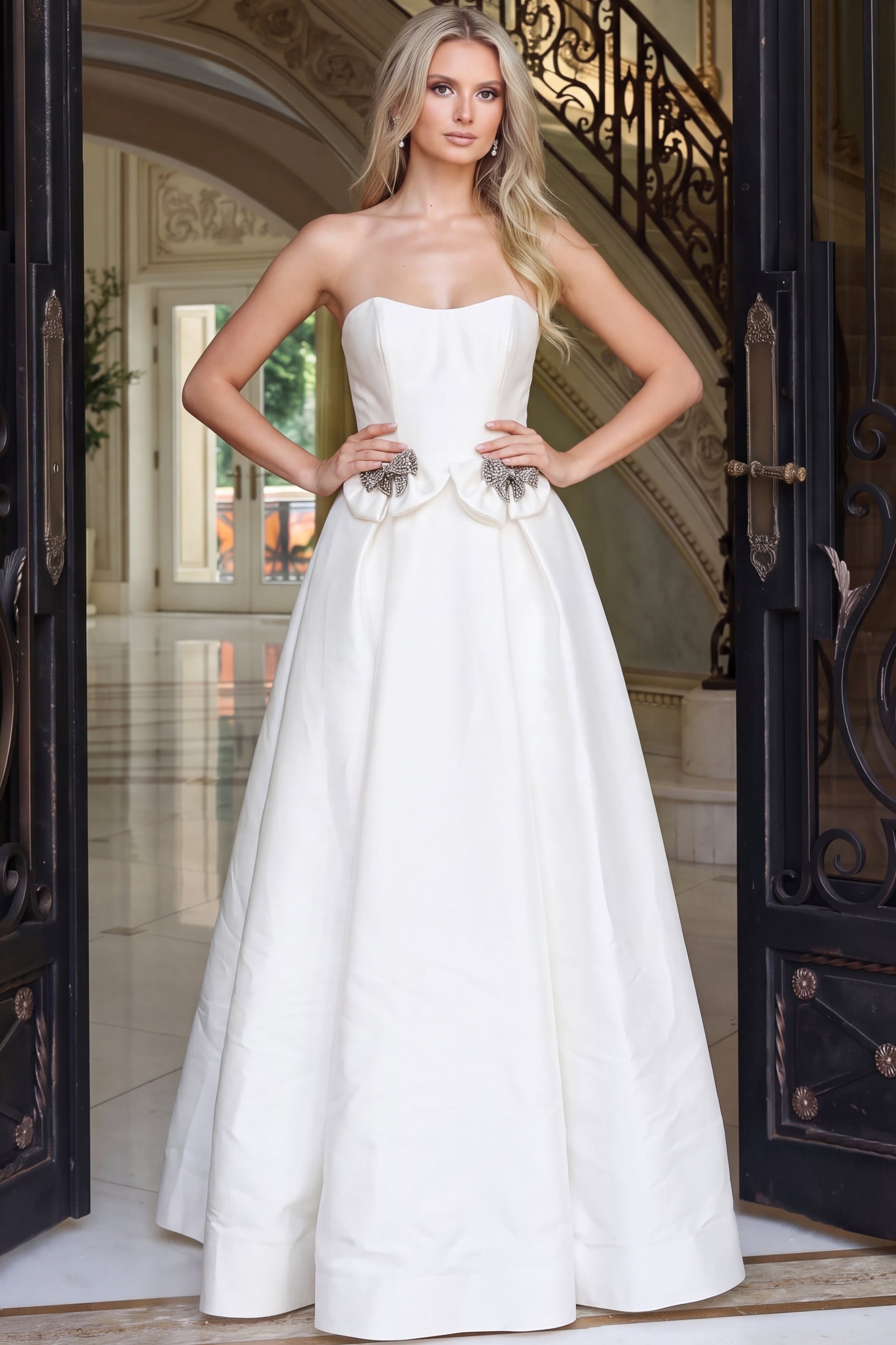 Off white satin strapless ball gown with crystal bow accents, front view