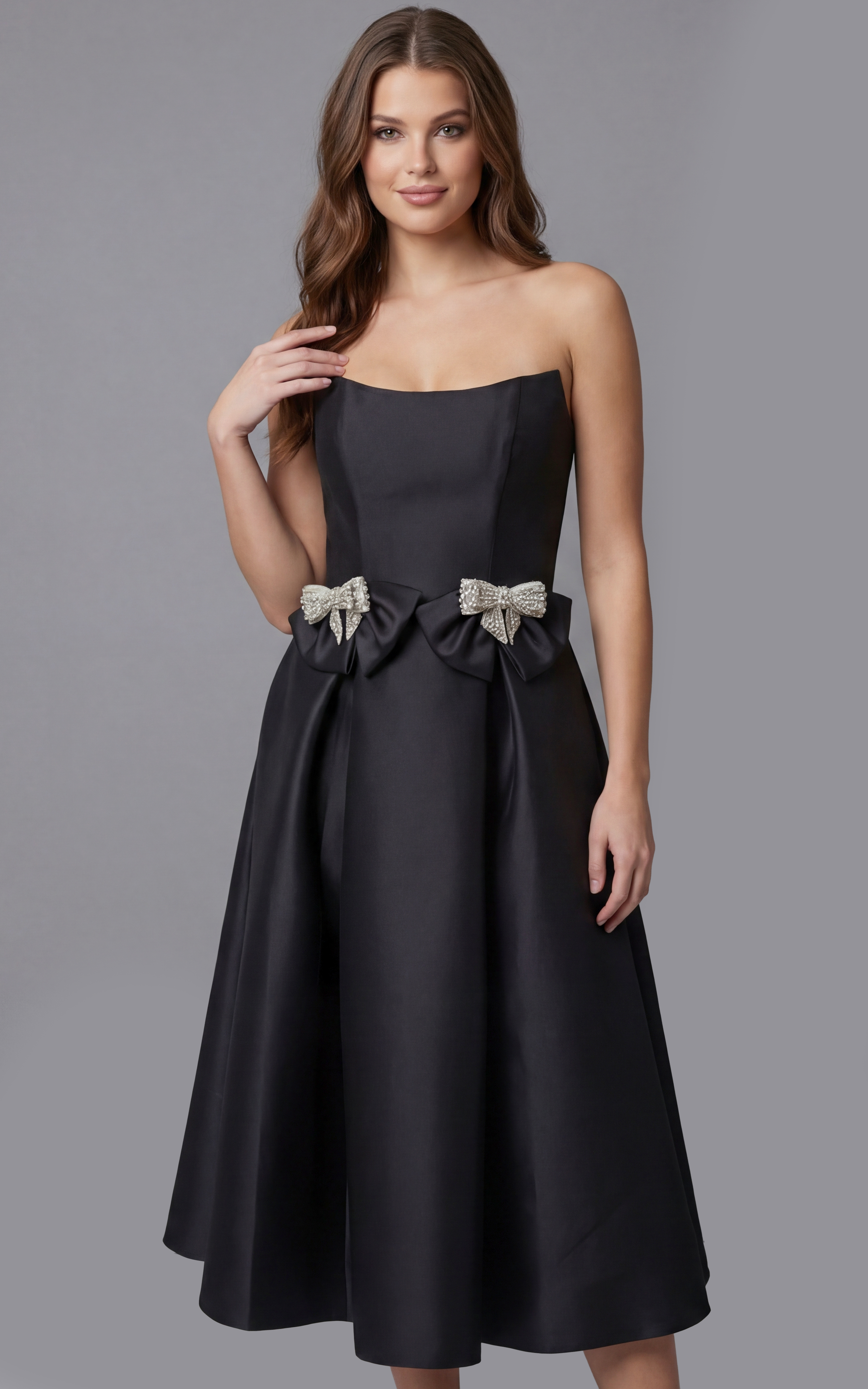 47595-2 black strapless midi dress with fitted bodice and smooth pleated skirt