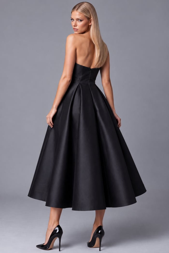 strapless pleated black fit and flare dress 47595