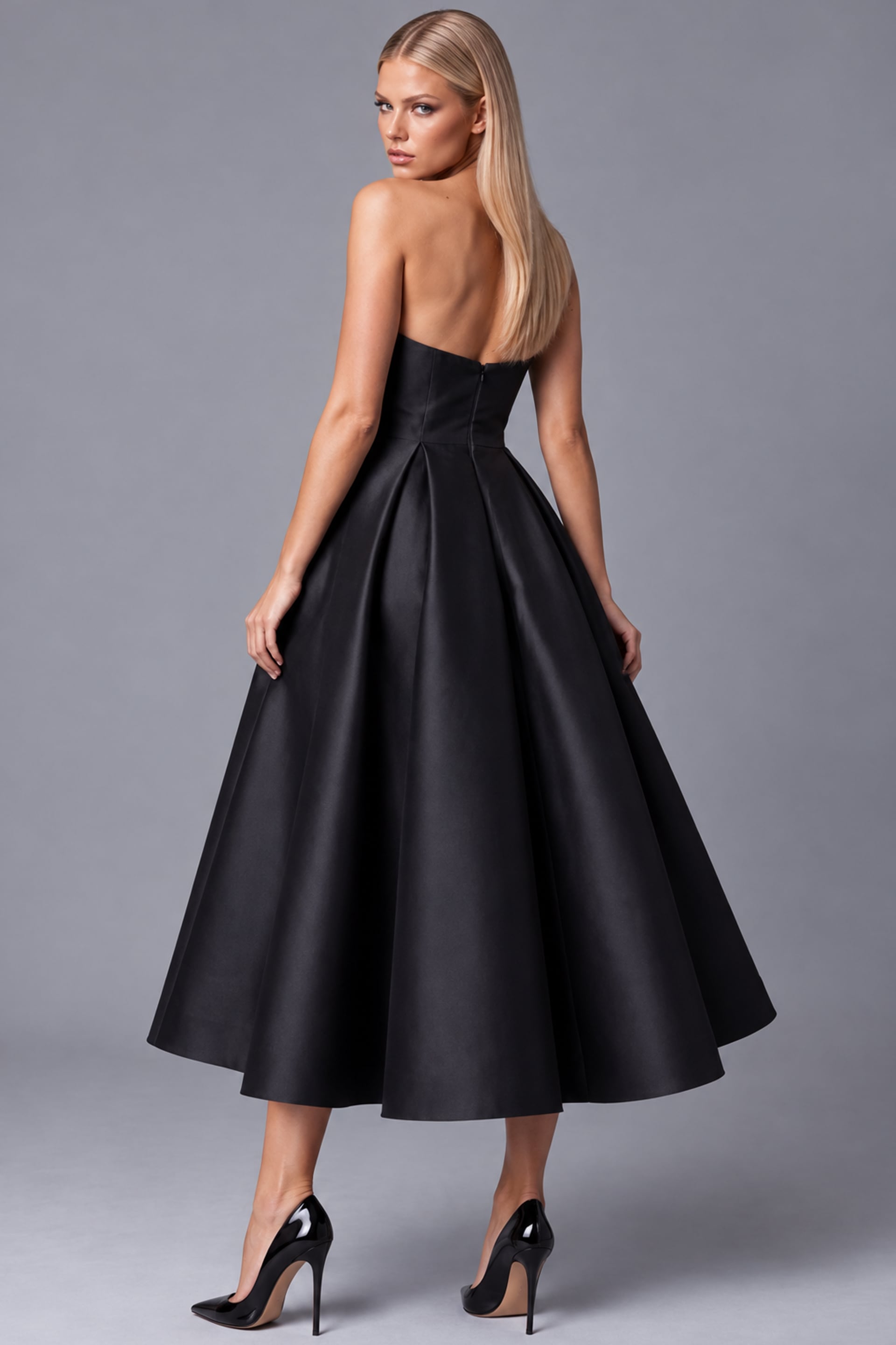 strapless pleated black fit and flare dress 47595