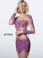 Side view of model in Jovani 47598 dress with nude and fuchsia embellishments.