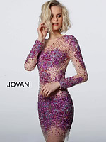 Angled front view of model wearing Jovani 47598 fuchsia and nude dress.