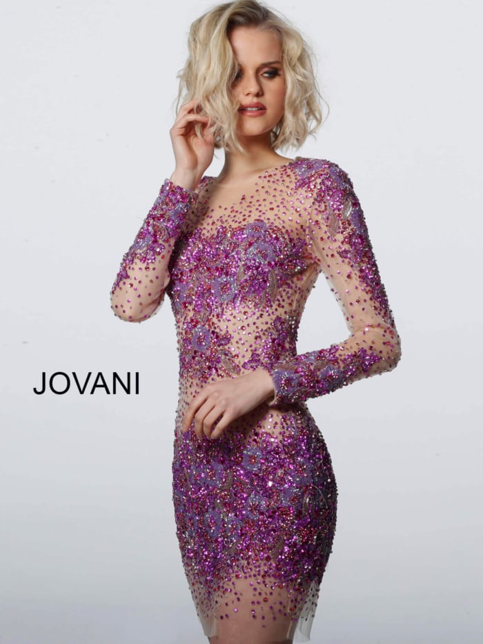 Angled front view of model wearing Jovani 47598 fuchsia and nude dress.