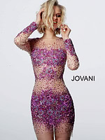 Model wearing Jovani 47598 mini dress with fuchsia embellishments, front view.