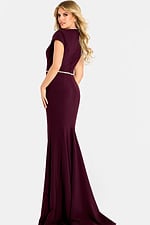 Fitted plum gown with short sleeves, jeweled neckline, and waist detailing, featuring a flared hemline for a classic elegant finish.