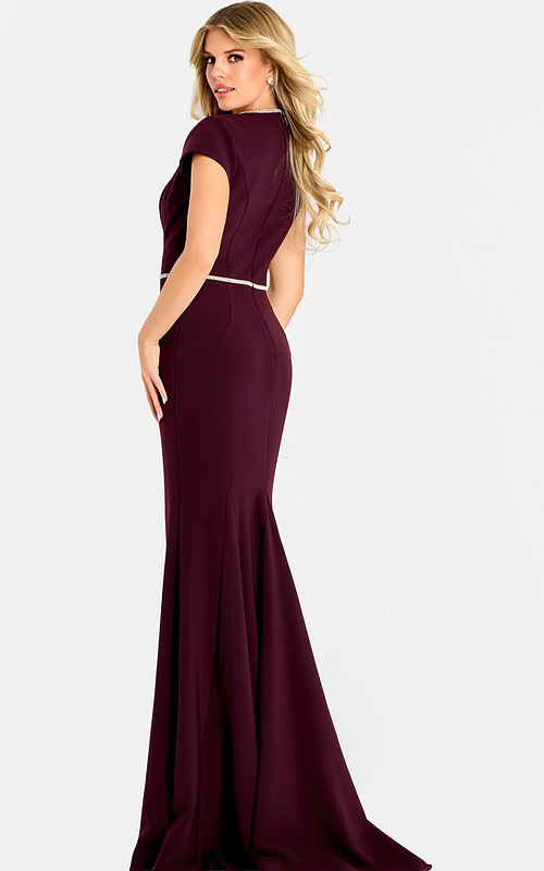 Fitted plum gown with short sleeves, jeweled neckline, and waist detailing, featuring a flared hemline for a classic elegant finish.
