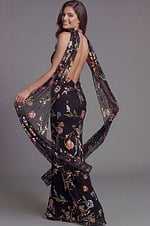 Embellished floral evening gown with high neckline