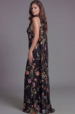 Glamorous embroidered halter gown with open back and draped scarf detail